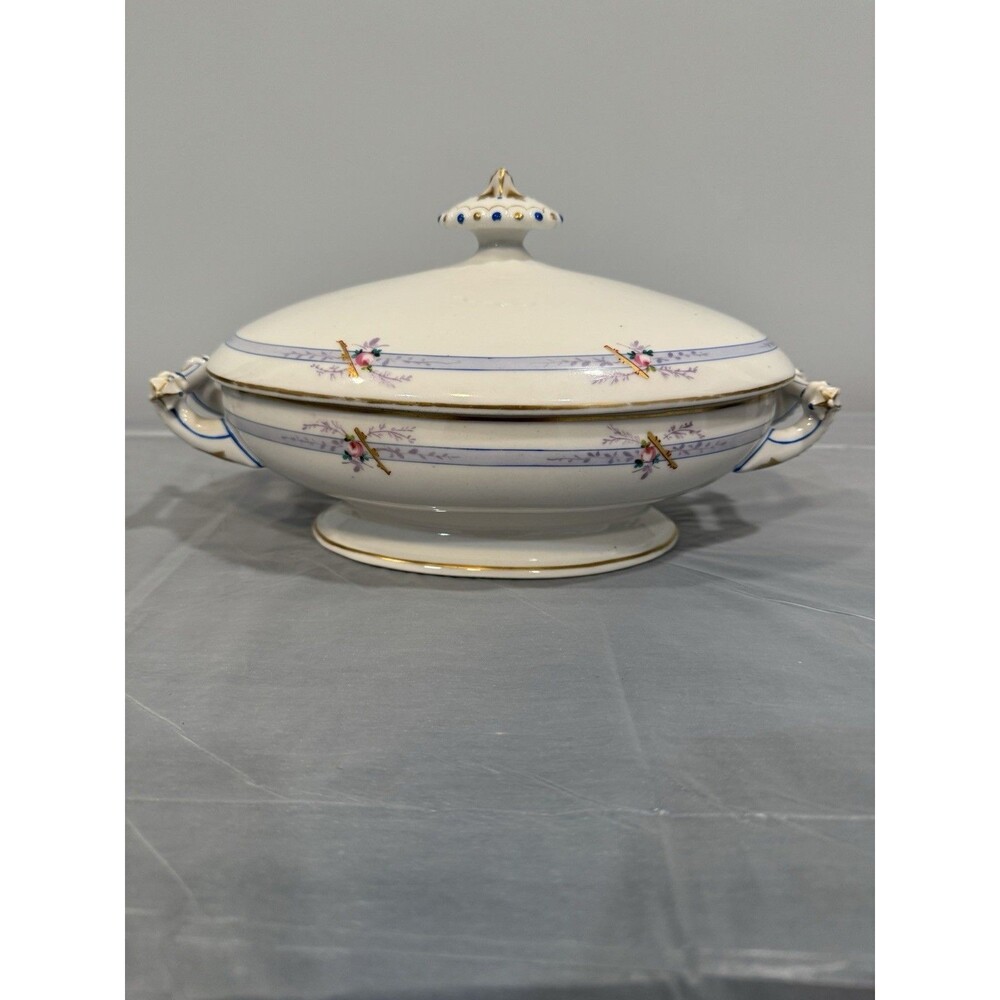 Victoria Czechoslovakia Regency Covered Vegetable Dish Blue Ribbon Gold